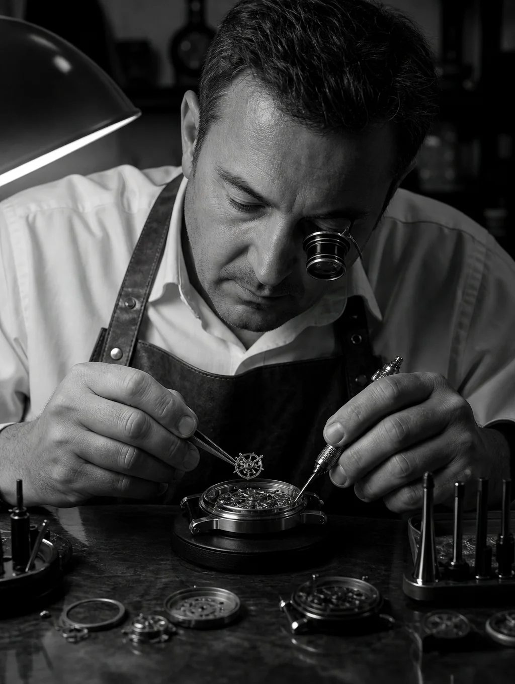 Meester horlogemaker aan het werk in het atelier van OMERTA WATCHES